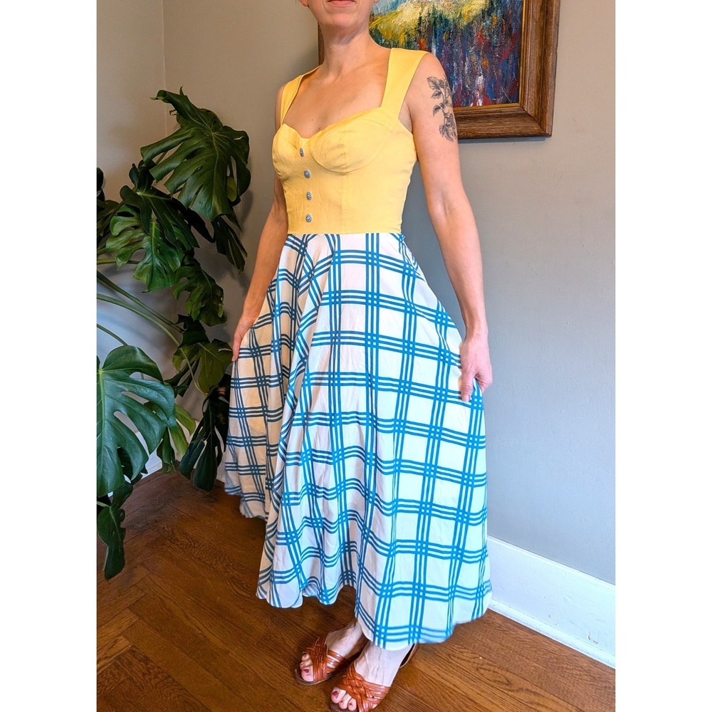 NWT Nishe Yellow Blue Dress Sweetheart Neckline Midi Length Retro 50's picnic
